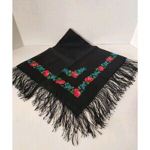 vintage Laine Black scarf Shawl headcovering babuska Flowers Berries 100% Wool